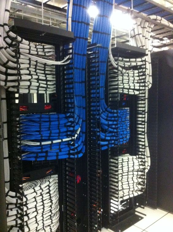 Blue and white CAT6 cable bundles arranged symmetrically across two network racks